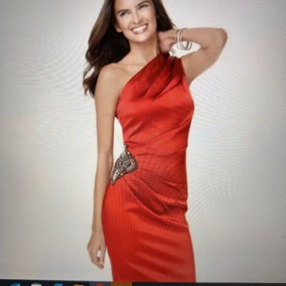 ELIZA J Red Satin One Shoulder Beaded Cocktail Dress - Picture 2 of 13
